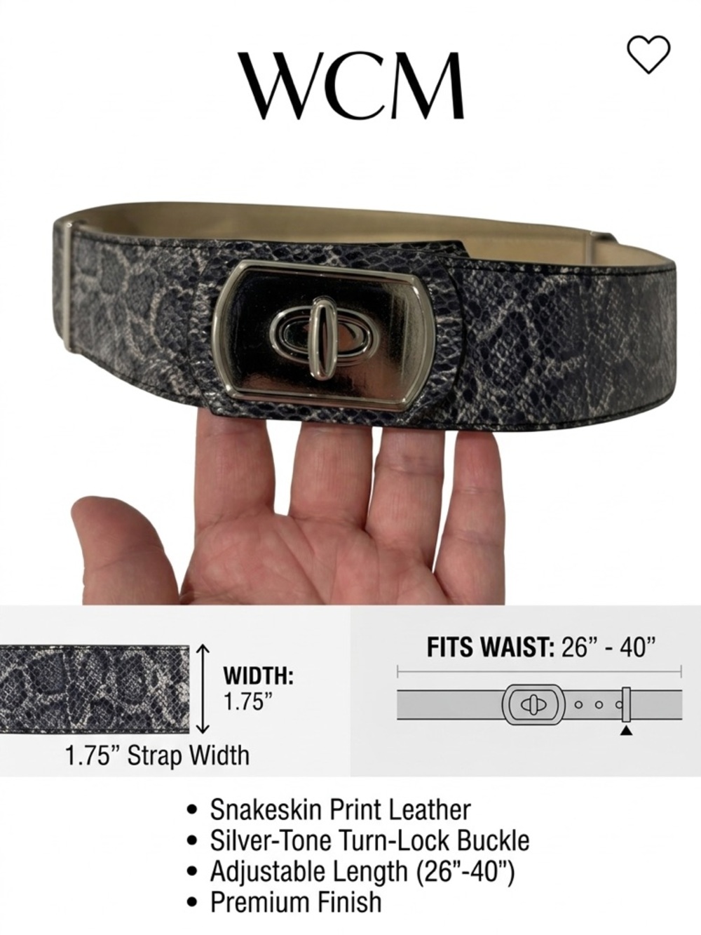 WCM Wide Snake-Print Leather Belt with Silver Turn-Lock - Black/Gray